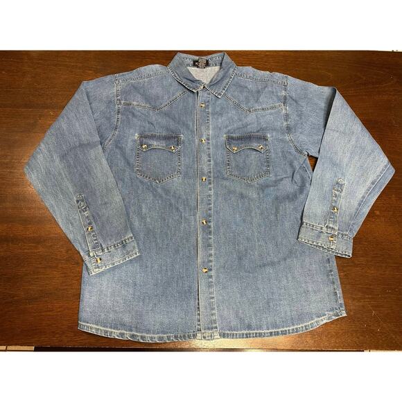 VTG Western Denim Pearl Snap Button Shirt Men Large Grunge Aztec Fringe Boho - Picture 12 of 14